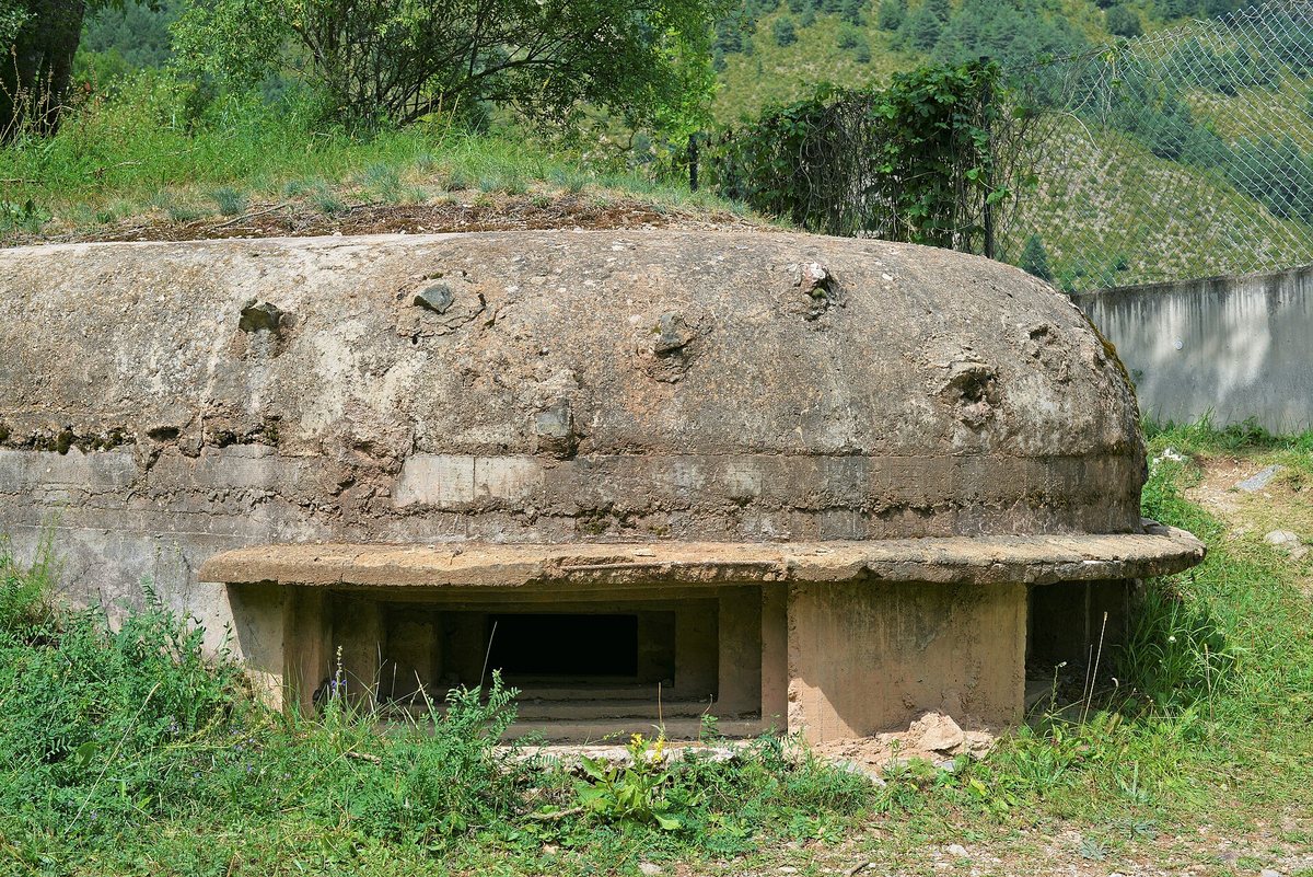 A domed concrete bunker, half buried in the grass, at the Martinet bunker park